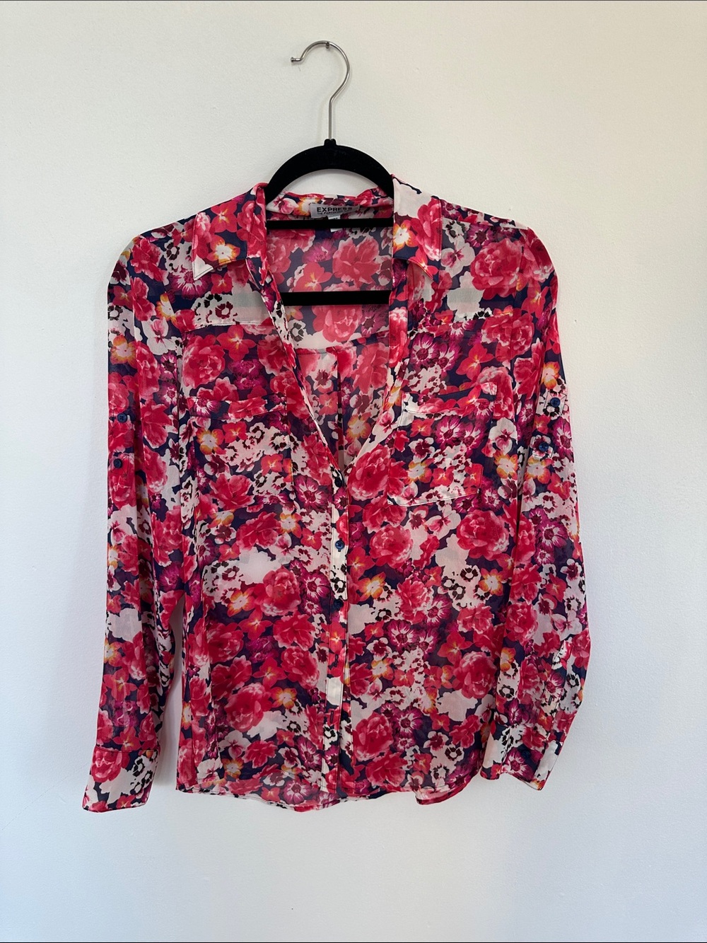 Express Floral Button-Up Blouse in Pink and Red